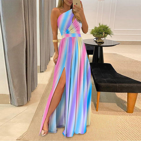 2022 Summer Elegant Dress for Women One Shoulder Floral Print High Slit Cutout Maxi Party Asymmetric Long Wedding Sexy Robes| |