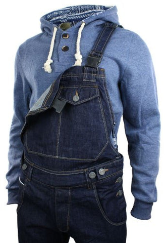 Mens Navy Washed Denim Dungarees Jeans Straight Leg Retro Vintage Casual