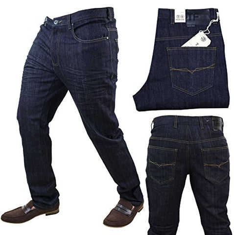 Twisted Faith Mens Indigo Blue Washed Denim Smart Casual Jeans Straight Leg Short Regular Long