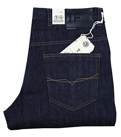 Twisted Faith Mens Indigo Blue Washed Denim Smart Casual Jeans Straight Leg Short Regular Long