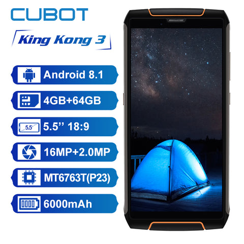 Cubot King Kong 3 IP68 Waterproof Smartphone Android 8.1 4GB 64GB MT6763T Octa Core Cellular 5.5'' 18:9 6000mAh Fast Charge 16MP