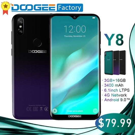 DOOGEE Y8 6.1 inch Waterdrop Screen Smartphone 3GB 16GB 8MP+5MP Face ID Android 9.0 MTK6739 Quad-Core 3400mAh 4G LTE cellphone