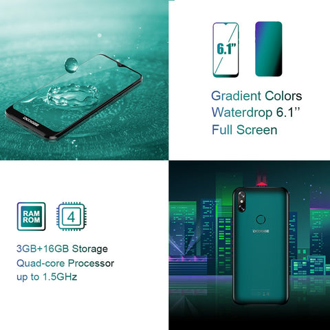 DOOGEE Y8 6.1 inch Waterdrop Screen Smartphone 3GB 16GB 8MP+5MP Face ID Android 9.0 MTK6739 Quad-Core 3400mAh 4G LTE cellphone