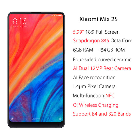 Global Version Xiaomi Mi Mix 2S Snapdragon 845 6GB 64GB 5.99'' Full Screen Smartphone NFC Dual Camera 7.5W Qi Wireless Charging