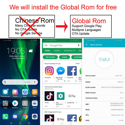 Huawei Honor 8X Global Rom MobilePhone 6.5 inch Screen 3750mAh Battery Dual Back 20MP Camera Multiple Language Smartphone