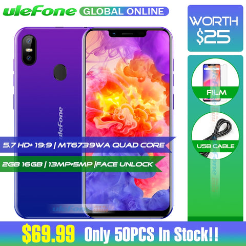 Ulefone S10 Pro Mobile Phone 5.7 HD+ 19:9 MT6739WA Quad Core 2GB RAM 16GB ROM 13MP+5MP Face Unlock Android 8.1 4G Smartphone