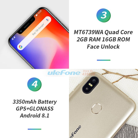 Ulefone S10 Pro Mobile Phone 5.7 HD+ 19:9 MT6739WA Quad Core 2GB RAM 16GB ROM 13MP+5MP Face Unlock Android 8.1 4G Smartphone