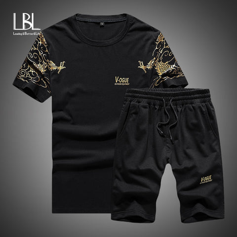 Summer 2PC Set Men EUR/US Size Short Sleeve T Shirts Two Piece Tops+ Shorts Suit Sportswear Set Mens Short Sets Male Tracksuit