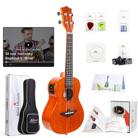 Aklot Electric Ukulele Solid Mahogany w/ Online Video Ukelele Soprano Concert Tenor Uke 4 String Guitar with Strap String Tuner