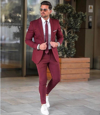 Elegant Custom Burgundy Men Suit Blazers For Party Prom 2 Pieces Jacket + Pants Groom Wedding Suits Notched Lapel Mens Tuxedos