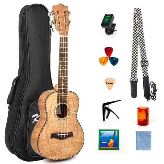 Kmise Concert Ukulele 23 inch Ukelele Tiger Flame Okoume Starter Kit Classical Guitar Head with Gig Bag Tuner Strap String