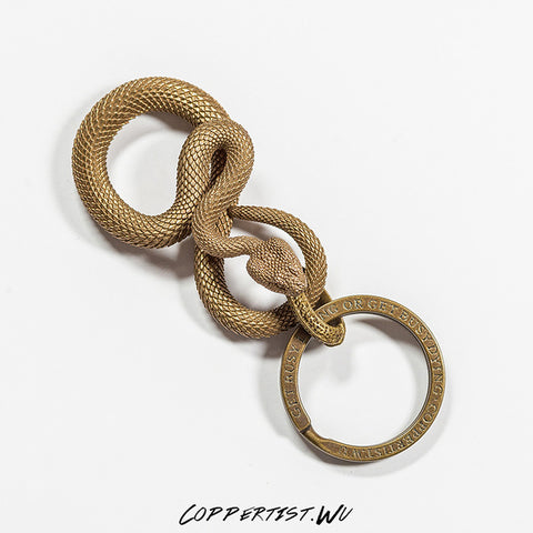 Coppertist.Wu Original Bronzed Snakes Keychain Brass Key Chain Gold Punk Rock Animal Key Ring HandBag Snake Pendant Men