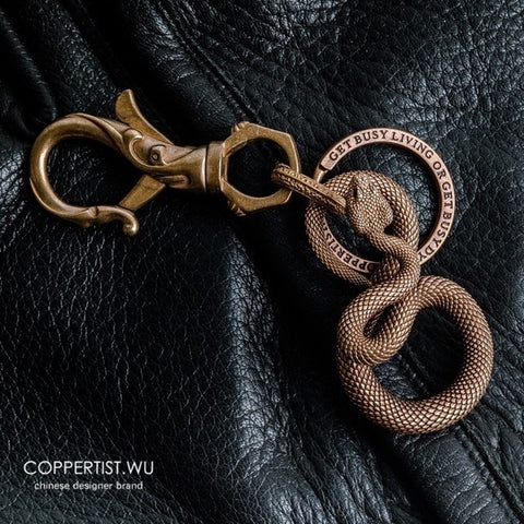 Coppertist.Wu Original Bronzed Snakes Keychain Brass Key Chain Gold Punk Rock Animal Key Ring HandBag Snake Pendant Men