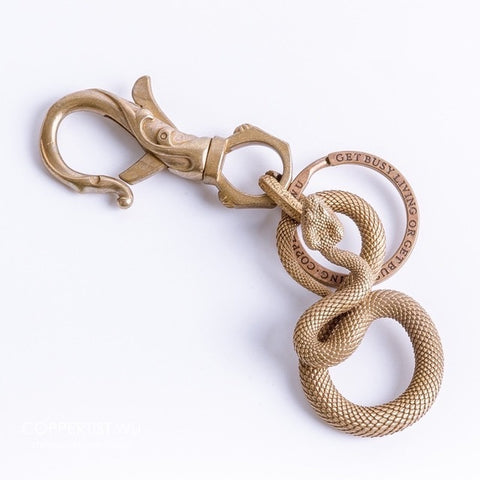 Coppertist.Wu Original Bronzed Snakes Keychain Brass Key Chain Gold Punk Rock Animal Key Ring HandBag Snake Pendant Men