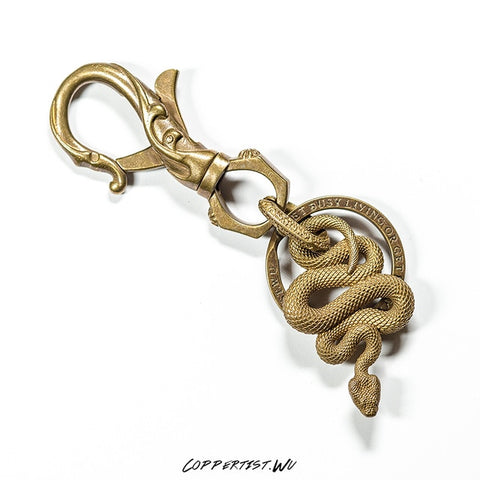 Coppertist.Wu Brass Metal Snake Pendant Necklace Men Vintage Handmade Fashion Key Chain Original Design Animal Keychain Pendants