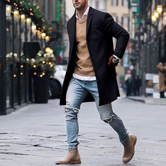 Autumn Winter Mens Brand Fleece blends Jackets Male Overcoat Casual Solid Slim collar coats Long cotton trench coats Streetwears