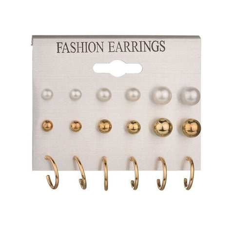 MissCyCy 6 Pairs Rhinestone Crystal Simulated Pearl Earrings Set Gold Color Leaves Hoop Earrings For Women Gift