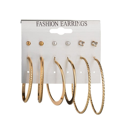 MissCyCy 6 Pairs Rhinestone Crystal Simulated Pearl Earrings Set Gold Color Leaves Hoop Earrings For Women Gift