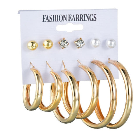 MissCyCy 6 Pairs Rhinestone Crystal Simulated Pearl Earrings Set Gold Color Leaves Hoop Earrings For Women Gift