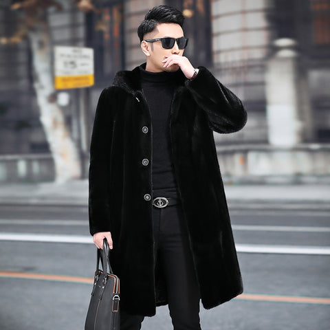 Real Natural Mink Fur Jacket Men Hooded Winter Jacket Long Real Fur Coat Men Overcoat Mens Mink Jackets 4189 KJ2724