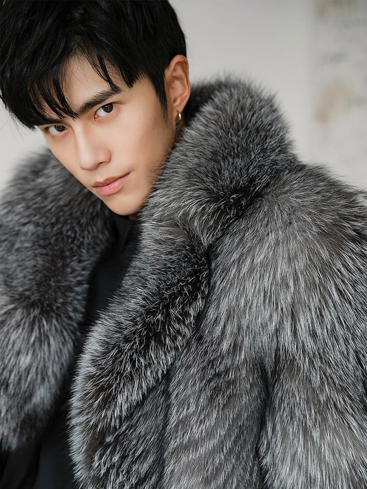 Winter Real Fur Coat Men Fox Fur Jacket Long Natural Silver Fox Coat Warm Luxury Jackets for Men Overcoat 18156 KJ3316