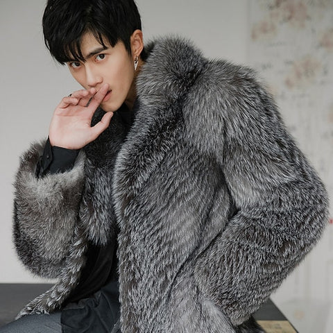 Winter Real Fur Coat Men Fox Fur Jacket Long Natural Silver Fox Coat Warm Luxury Jackets for Men Overcoat 18156 KJ3316