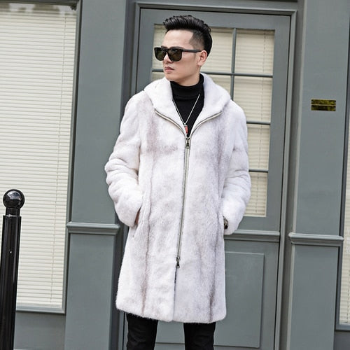 2020 New Real Mink Fur Coat Men Long Winter Jacket Hooded Slim Mens Mink Jackets Luxury Coat Men Natural Fur 909 J3306