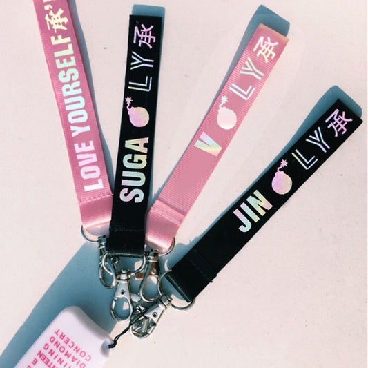 KPOP Keychain Laser Bangtan Boys Lanyard Love Yourself Key Chains Jung Kook V SUGA JIMIN JHOPE RM Keyring  Accessories