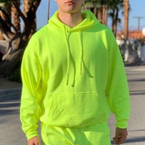 Neon Green Style Men's Fashion Tracksuit Solid 2 Pieces Long Sleeve Hoody+Loose Swearpants Casual Sportsuit Men 2019 Newest OMSJ