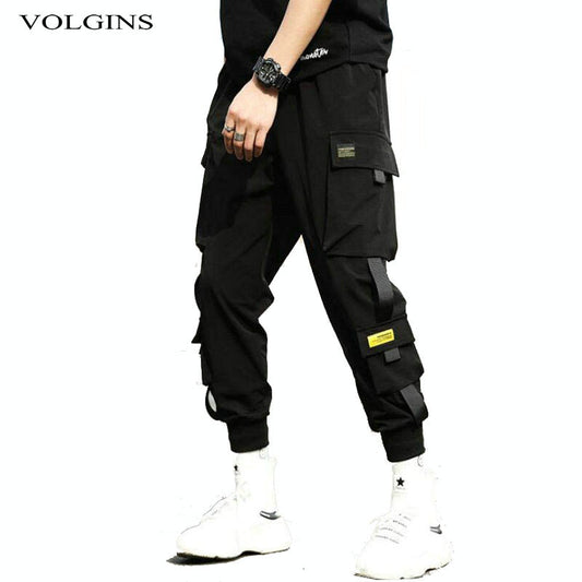 Streetwear Hip Hop Black Harem Pants Men Elastic Waist Punk Pants With Ribbons Casual Slim Jogger Pants Men Hip Hop Trousers