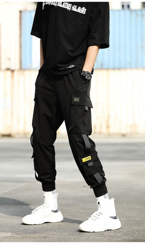 Men Cargo Pants Black Ribbons Block Multi-Pocket 2020 Harem Joggers Harajuku Sweatpant Hip Hop Casual Male Trousers