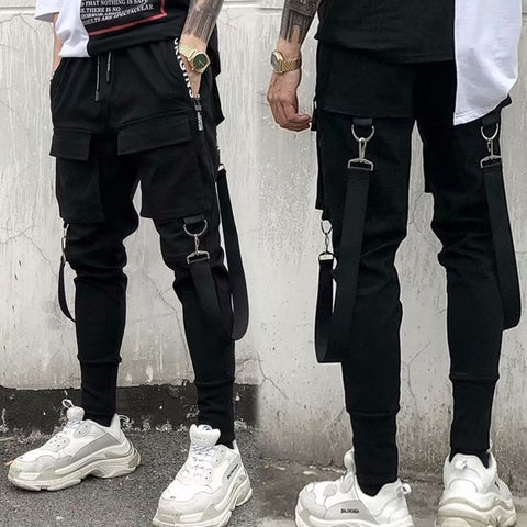 Men Cargo Pants Black Ribbons Block Multi-Pocket 2020 Harem Joggers Harajuku Sweatpant Hip Hop Casual Male Trousers