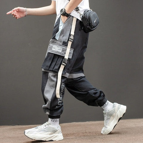 Men Cargo Pants Black Ribbons Block Multi-Pocket 2020 Harem Joggers Harajuku Sweatpant Hip Hop Casual Male Trousers