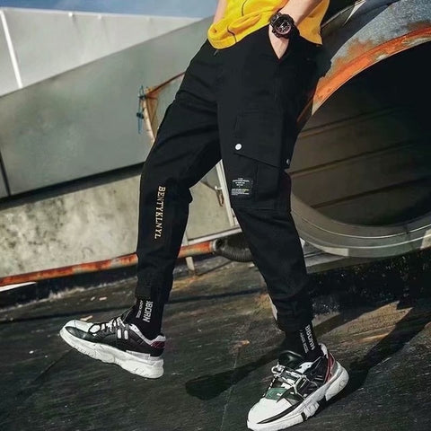 Men Cargo Pants Black Ribbons Block Multi-Pocket 2020 Harem Joggers Harajuku Sweatpant Hip Hop Casual Male Trousers