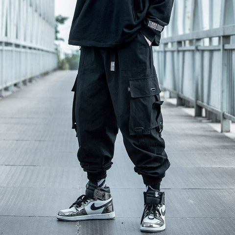 Men Cargo Pants Black Ribbons Block Multi-Pocket 2020 Harem Joggers Harajuku Sweatpant Hip Hop Casual Male Trousers