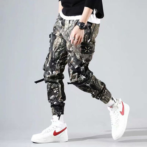 Men Cargo Pants Black Ribbons Block Multi-Pocket 2020 Harem Joggers Harajuku Sweatpant Hip Hop Casual Male Trousers