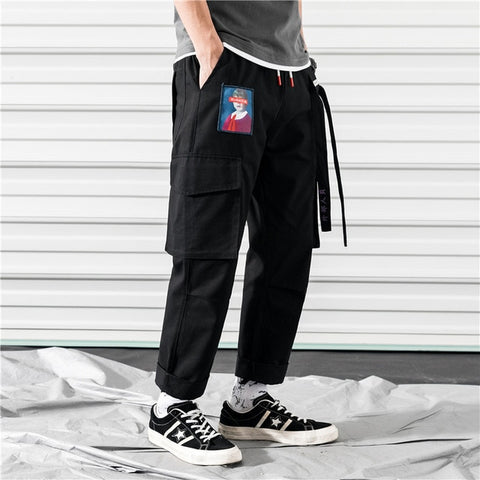 Men Cargo Pants Black Ribbons Block Multi-Pocket 2020 Harem Joggers Harajuku Sweatpant Hip Hop Casual Male Trousers