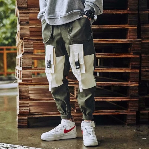 Men Cargo Pants Black Ribbons Block Multi-Pocket 2020 Harem Joggers Harajuku Sweatpant Hip Hop Casual Male Trousers