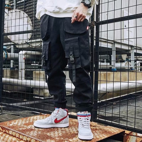 Cargo Pants Joggers Men Black Harem Pants Multi-pocket Ribbons Man Sweatpants Streetwear Casual Pants Elastic waist Male Trouser