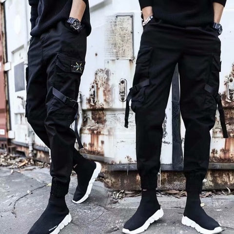 Cargo Pants Joggers Men Black Harem Pants Multi-pocket Ribbons Man Sweatpants Streetwear Casual Pants Elastic waist Male Trouser