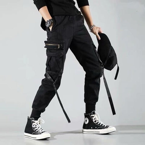 Cargo Pants Joggers Men Black Harem Pants Multi-pocket Ribbons Man Sweatpants Streetwear Casual Pants Elastic waist Male Trouser