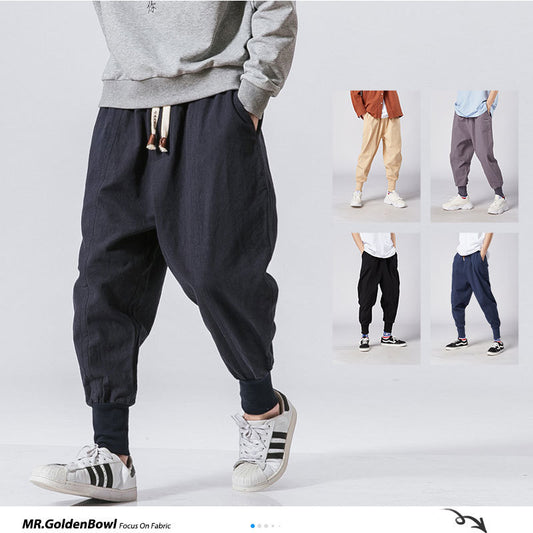 MrGoldenBowl Store Men Harem Pants Japanese Casual Cotton Linen Trouser Man Jogger Pants Chinese Baggy Pants