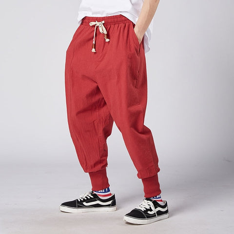 MrGoldenBowl Store Men Harem Pants Japanese Casual Cotton Linen Trouser Man Jogger Pants Chinese Baggy Pants