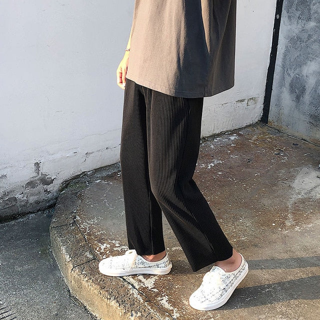 Pleated Straight Pants Men's Fashion Solid Color Elastic Waist Casual Pants Men Streetwear Loose Japanese Ice Silk Trousers Mens