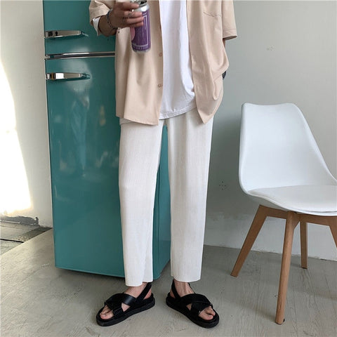 Pleated Straight Pants Men's Fashion Solid Color Elastic Waist Casual Pants Men Streetwear Loose Japanese Ice Silk Trousers Mens