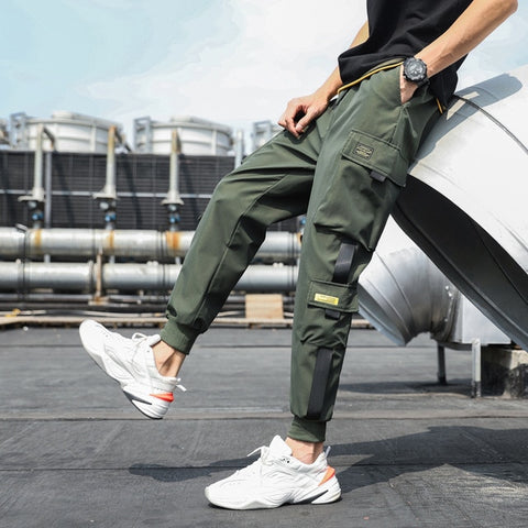 Men's Side Pockets Cargo Harem Pants 2020 Ribbons Black Hip Hop Casual Male Joggers Trousers Fashion Casual Streetwear Pants