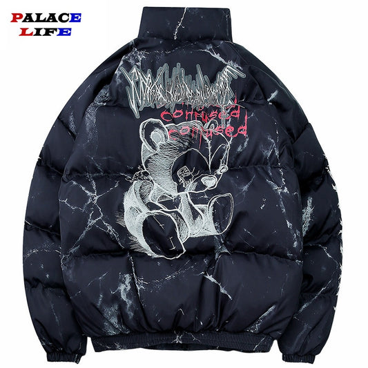 Hipster Winter Down Jacket Men Cartoon Bear Print Parka Men Hip Hop Streetwear Winter Thick Warm Jackets Coats Men Clothes