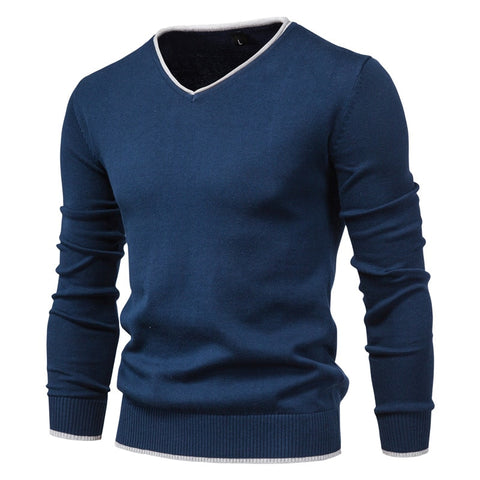 2020 New Cotton Pullover V-neck Men's Sweater Fashion Solid Color High Quality Winter Slim Sweaters Men Navy Knitwear