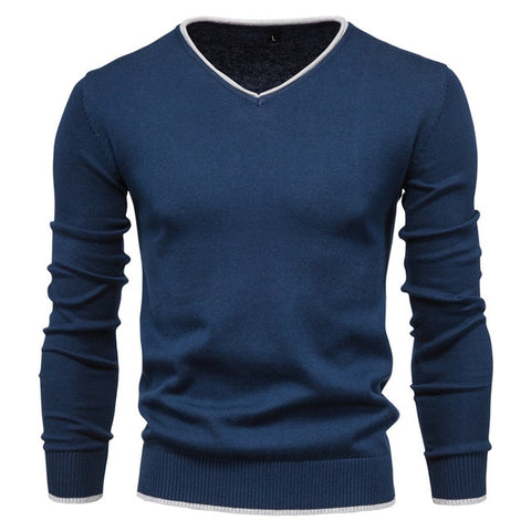 2020 New Cotton Pullover V-neck Men's Sweater Fashion Solid Color High Quality Winter Slim Sweaters Men Navy Knitwear