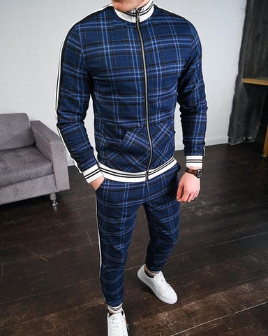 New Colorful Plaid Men Casual Zipper Stand-up collarr Sportswear 3D Print Suit Male Pocket Fashion Men Tracksuit Sets Mens set